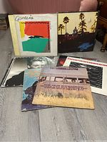 Photo showing several vinyl record covers including Genesis and palm trees at sunset cover.