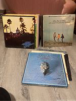 Photo showing several vinyl album covers including The Eagles 'Hotel California' and Other Half and Mary 'See What You Know' albums.