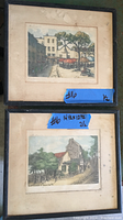Two framed French prints stacked vertically, showing signs of wear on mats and frames, with visible blue pricing labels.