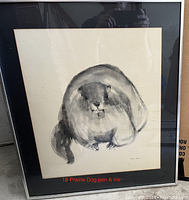 Framed original pen and ink drawing of a prairie dog with visible artist signature, displayed against black mat and frame.