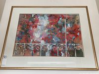 Full framed watercolour artwork showing abstract floral composition with red and blue colors and a decorative railing element.