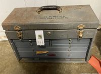 Closed rusty metal toolbox with leather handle and labeled 'Douglas B. Hayden, Fresno, California'