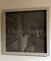 Square framed art with Choose Happy text in white on dark background.