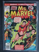 Front cover of Ms. Marvel #1 comic book (January 1977), showing colorful illustration and text annotations.