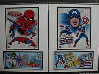 Two mounted first day of issue covers featuring Spider-Man and Captain America with stamps and artwork.