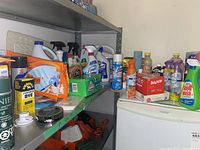 Shelf with various household cleaning supplies including bleach, sprays, wipes, fabric softener, OxiClean, and Lysol, plus part of a white appliance visible.