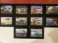 Full set of 10 vintage Volkswagen bus photos displayed on a white and orange surface.