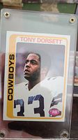 Encased Tony Dorsett football card in Cowboys uniform, printed by Topps