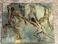 Top-down view of the abstract oil painting with dancing figures in earthy tones on a green-blue background, showing F.Dresson signature at lower right.