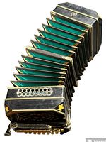 Front angle view showing black-painted wooden ends, green bellows extended and brass trim.