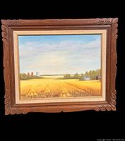 Front view of the oil painting on canvas board showing a rural landscape inside a carved wooden frame.