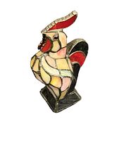 Side angle of vintage rooster stained glass lamp showing detailed glass pieces and black base.