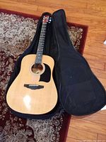 Full view of Lyon by Washburn acoustic guitar lying open on the case, showing guitar body, neck, headstock and strings.