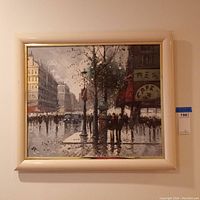 Frontal view showing full painting and frame on wall with lot tag