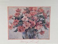 Close-up of the printed floral artwork with artist signature