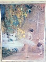 Close-up of the print showing ballerinas warming up backstage in tutus, soft colors and delicate lighting visible.