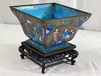 Side view of cloisonné bowl showing detailed enamel figures on bronze metal.