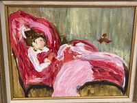 Frontal view of the oil painting showing the subject reclining on a bright red settee with a soft green background and the wooden frame surrounding the canvas.