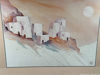 Full view of framed Southwest style adobe buildings watercolor print, showing entire artwork and frame.