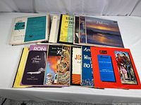 View of 14 vinyl records in sleeves, showing a variety of album cover art and colors including classical and vocal titles arranged in two rows on a white surface.