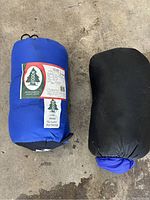 Two sleeping bags packed in compression sacks, one blue with label visible, one black sack.