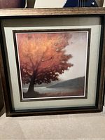 Framed orange tree print showing a large tree with orange foliage in a landscape setting.
