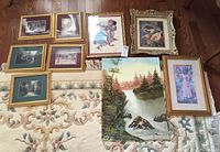 Full lot of nine framed prints and one original signed painting displayed on floor and wall