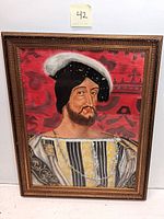 Full view of framed pastel portrait showing King Francis in traditional attire and red abstract background.