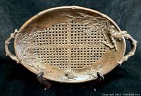 Oval rosewood tray with bamboo motif, grasshopper and songbird carvings