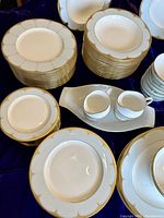 Assorted service items including plates, bowls, cups, saucers, creamers, platters displayed on velvet background