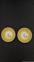 Two Chinese famille rose plates side by side, showing round shape with yellow crackled glaze border and central floral medallion.