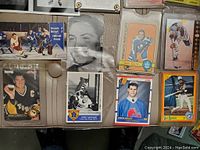 Photo showing various NHL hockey cards including Mario Lemieux, Terry Sawchuck, Gordie Howe, Bob Baun, Owen Nolan in plastic sleeves within a binder or folder.