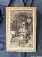 Full view of the etching showing rustic interior with stone fireplace and furniture