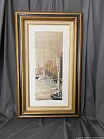 Framed mid century oil painting featuring tall mast boats in harbor, full view