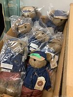 Box with nine Boyds Bears plush teddy bears, each sealed in plastic bags, wearing denim shirts, red checkered pants and blue caps.