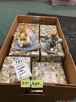 Box containing 6 Cherished Teddies figurines in original decorative boxes, labeled 3-4 inches and including Milton and Billie bears.