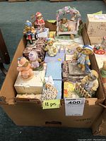 Box with 12 Cherished Teddies bear figurines and their boxes, various sizes 3-6 inches tall.