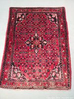 Top down photo of Persian rug showing full pattern and colors.