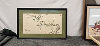 Framed Eastern bird painting showing birds on branches with calligraphy and red stamps, condition good.