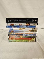 Stack of 10 family/kids DVDs showing titles from Planet Earth, Hook, Legend of Glass Mandrake, Ice Age 2, Shrek, Despicable Me 2, Despicable Me, How to Train Your Dragon, Up, and The Lion King.
