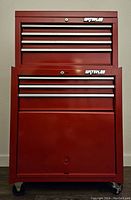 Front view of red Waterloo two-piece stackable tool chest with top chest and bottom rolling cabinet
