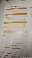 Certification document from GRA showing grading report and attributes of moissanite gemstone.