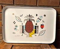 Full view of the vintage Georges Briard enamelware tray with pineapple design, showing entire tray and design details.