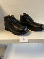 Pair of black ladies ankle boots shown from side angle, highlighting lace-up front and padded collar.