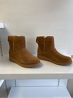 Side view of the pair of brown UGG ladies boots, showing the suede outer material and rounded toe profile.