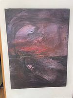 Full view of the original abstract painting with dark tones and red highlights, 32x24 inches