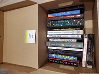 Photo showing a cardboard box with a stack of 12 books inside including titles by Hanya Yanagihara, Andrew O'Hagan, Izzy Jewel, and 'Citizen of London'.