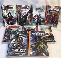 Photo showing 10 Marvel hardcover novels with superheroes like Thor, Captain America, Spider-Man, Avengers, and Guardians of the Galaxy.