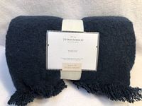 Photo of folded navy throw blanket wrapped with white label showing Threshold branding and size.