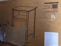 Photo of the Winsome nightstand box with product illustration and dimensions shown: 16.5"w x 11"d x 25"h